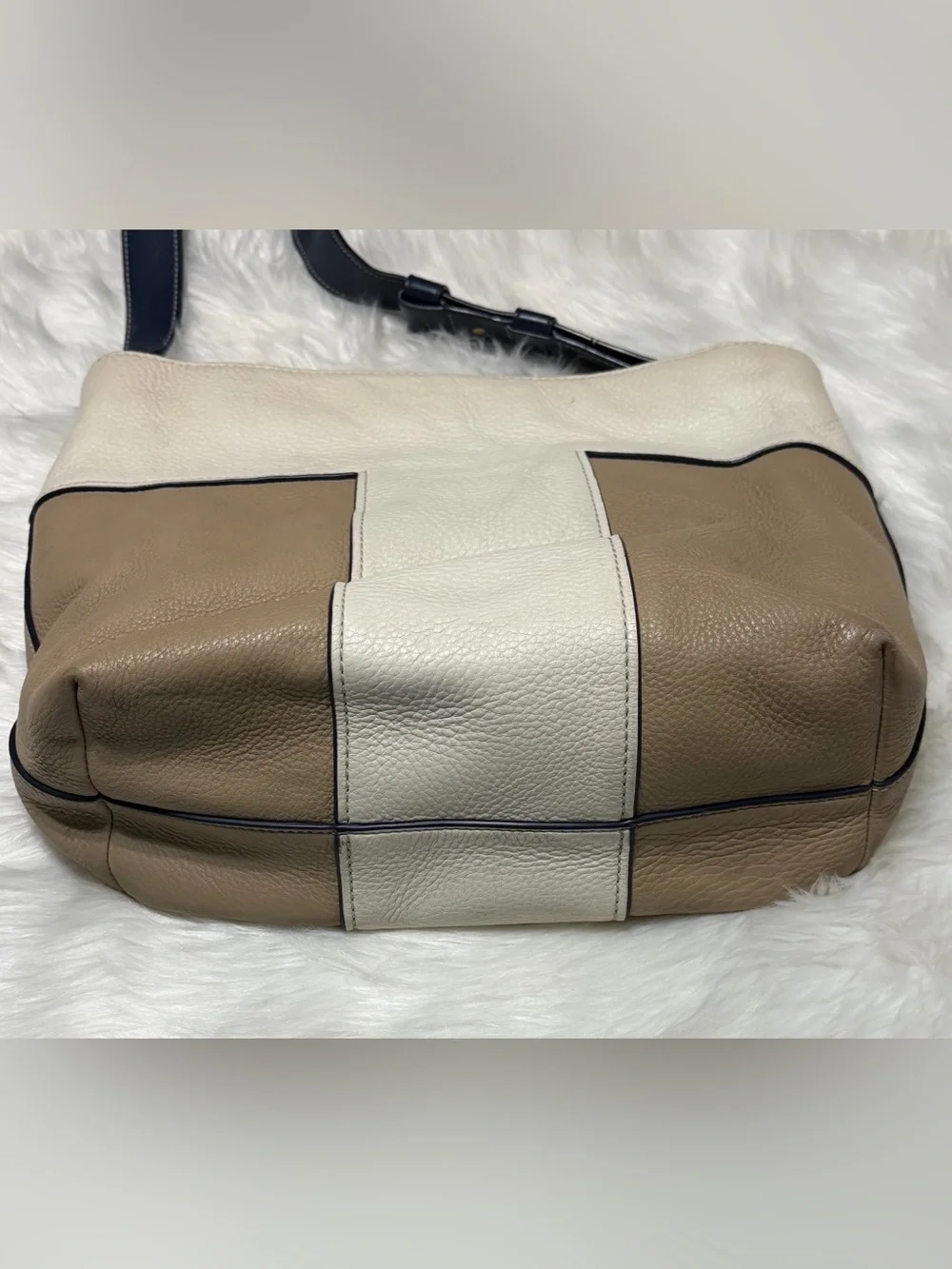Tory Burch Block T Two-Tone Cream & Tan Leather Shoulder Bag with Navy Strap